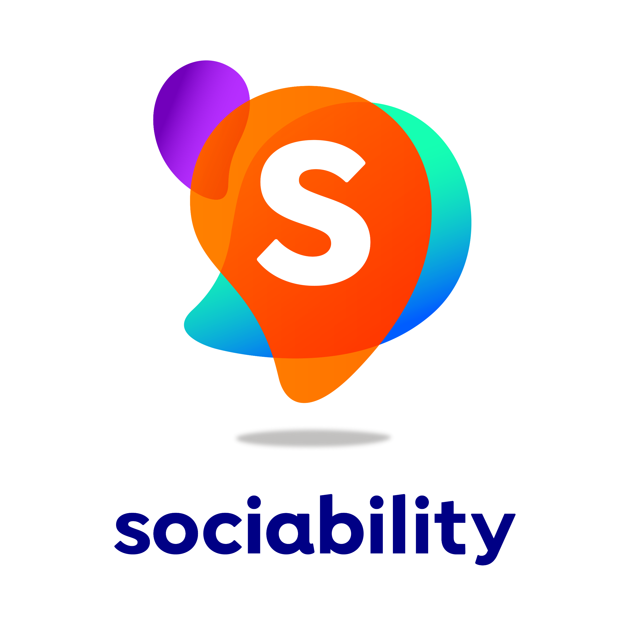 Sociability logo floating above the word 'Sociability'. Sociability logo is an orange pin shape with a white S in the middle, surrounded by a green/blue and purple pin.
